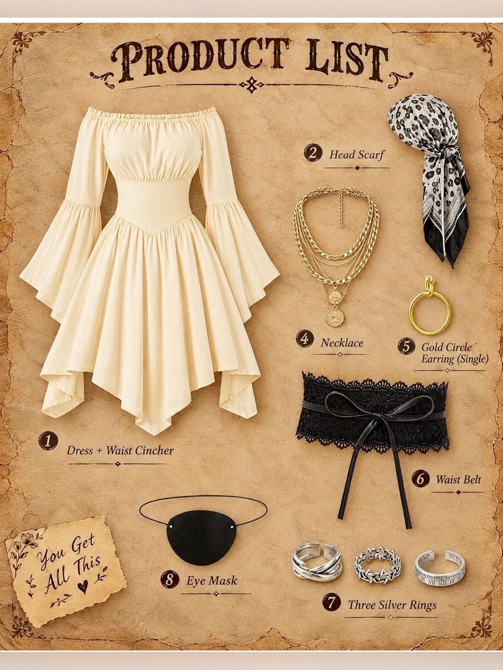 Womens Pirate Costume 10-Piece Renaissance Dress Outfit, size Medium